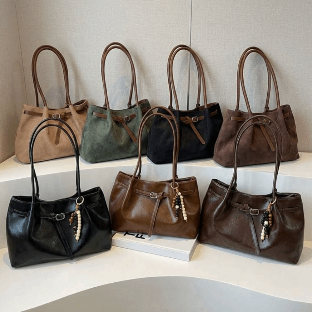 Leather Work Handbag - Suede/PU Leather Shoulder Bag Elegant Retro