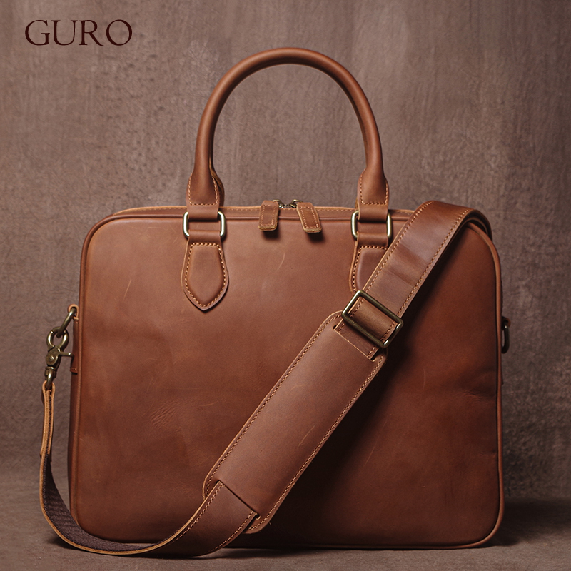 GURO Men Crazy Horse Cowhide B - Leather Work Handbag 评论和价格