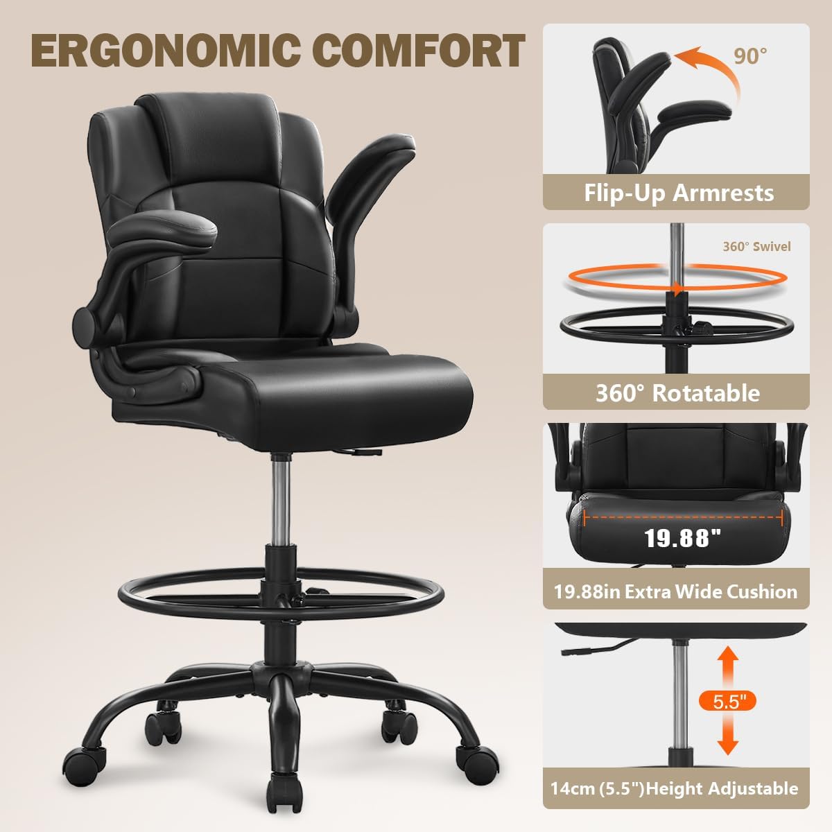 Ergonomic Drafting Chair, Tall - Leatherwork Products 评论和价格